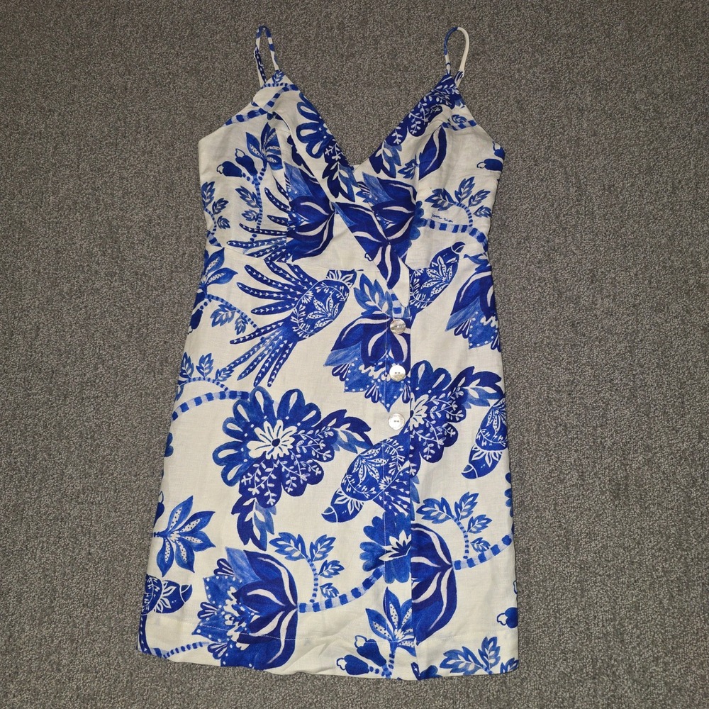 Farm Rio Womens M Floral Birds Linen Mini Dress Blue White Tropical NWT $185